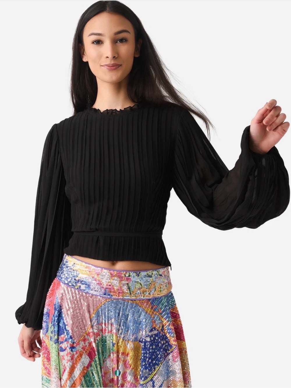 FRAME Black Accordion Pleat Women's Waist Tie Cutout Top